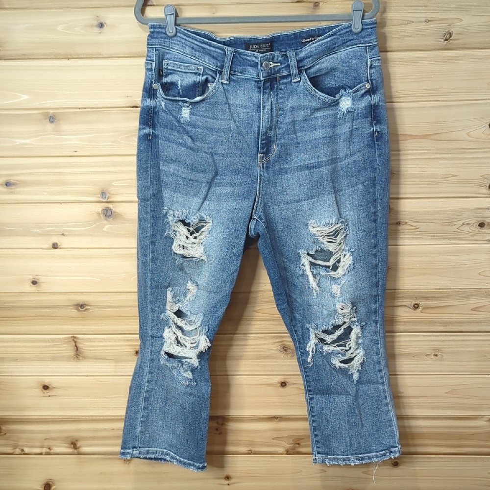 Judy Blue Distressed Cropped Ankle Jeans - Light Blue